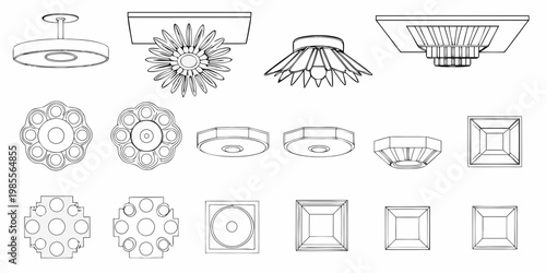 Collection of various ceiling light fixtures in line drawing style
