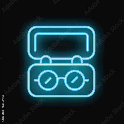 Neon sign representing a pair of spectacles safely stored in its open rigid protective case