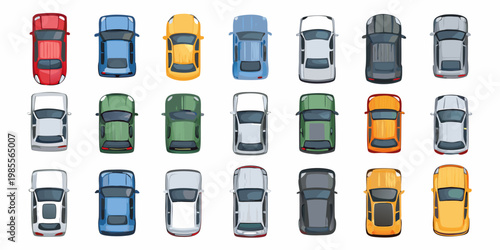 Overhead view of colorful cartoon cars arranged in a grid pattern