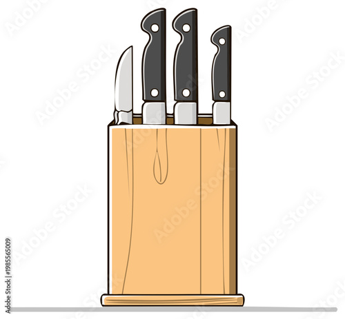 Set of Four Kitchen Knives in Wooden Block