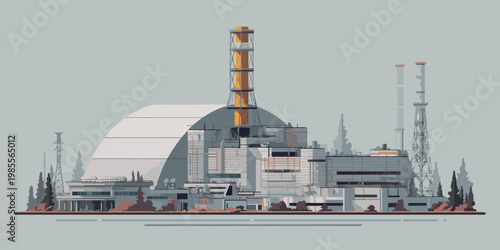 Power Plant in Chernobyl, Industrial Complex with Cooling Towers and Chimneys Vector Illustration
