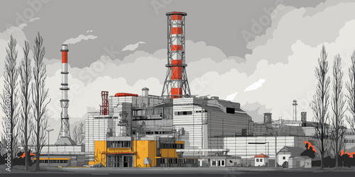 Power Plant in Chernobyl, Industrial Complex with Cooling Towers and Chimneys Vector Illustration