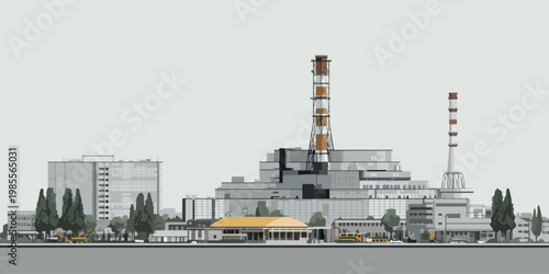 Power Plant in Chernobyl, Industrial Complex with Cooling Towers and Chimneys Vector Illustration