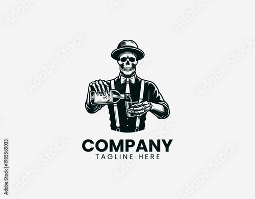 A skeleton bartender character is depicted pouring drink into glass playful cartoon vector illustration design