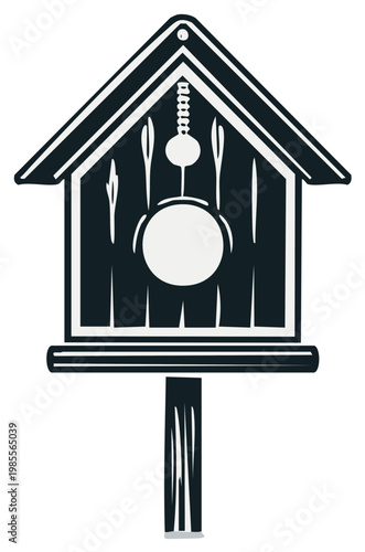 Vintage inspired cuckoo clock graphic featuring a classic house shape and simple pendulum
