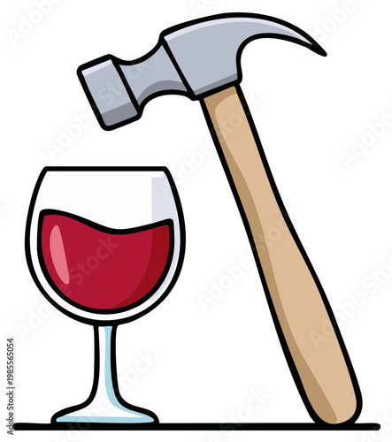 Hammer threatening a wine glass filled with red liquid