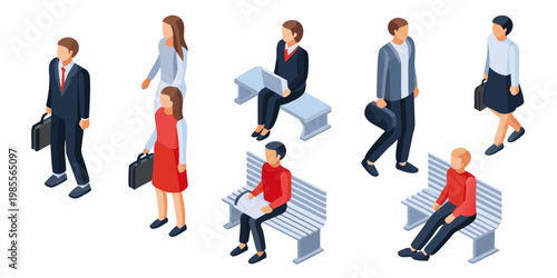 Isometric illustration depicting diverse people in a public urban space