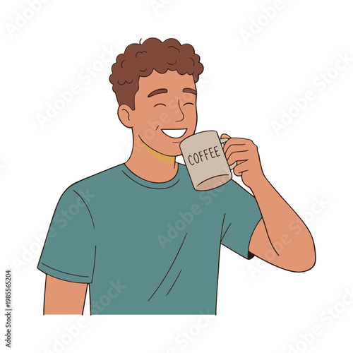 A man enjoys a coffee in a casual setting with a happy expression on his face.