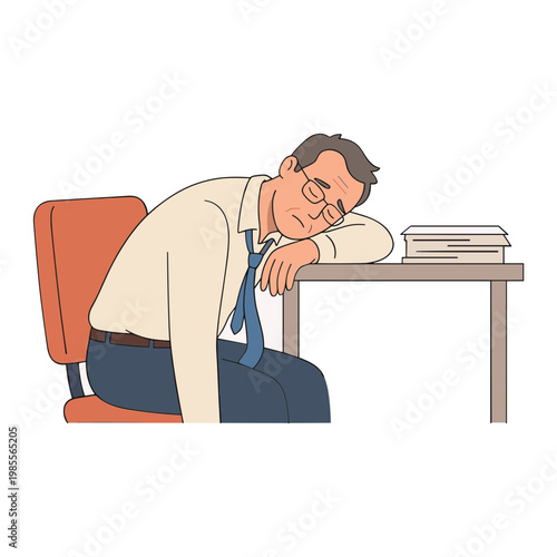 Man falls asleep at desk with books and chair nearby in office