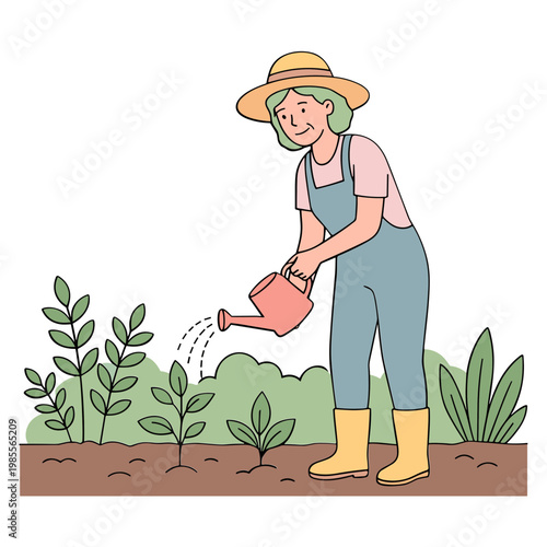 A woman waters plants in a garden with a watering can.