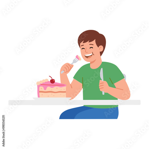Man sitting at table eating cake with fork and knife smiling