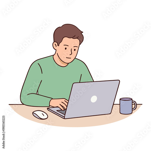 A man sits at a desk working on his laptop with a mouse and coffee