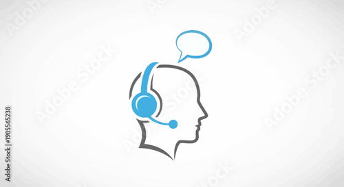 Silhouette of a customer service representative wearing a headset with speech bubble concept illustration in gray and blue tones