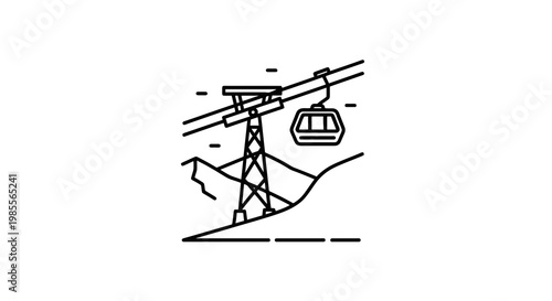 Ski lift cable car ascending mountain slope in minimalist line art style; a monochrome vector illustration of winter transport in the alpine landscape