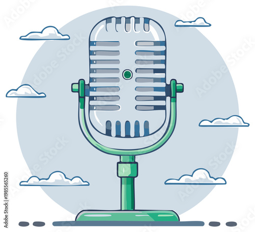 Retro studio microphone illustration with clouds, a vintage recording device for broadcast and podcasting