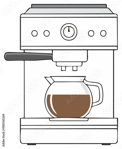 Sleek coffee maker illustration brewing fresh hot coffee into a glass carafe, minimalist design.