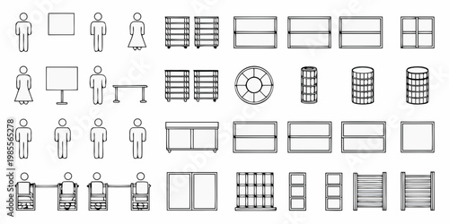 Line art illustration of people furniture and retail display elements