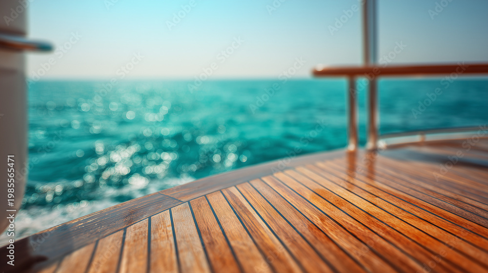 Fototapeta premium Luxury Yacht Wooden Teak Deck Detail with Blurred Turquoise Sea Background Nautical Lifestyle Vacation Concept