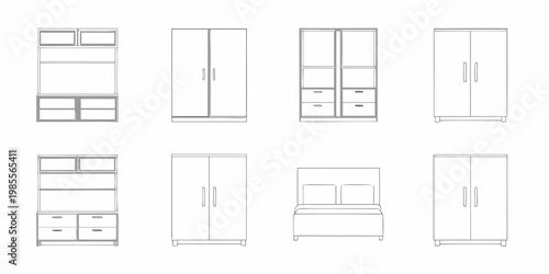 Line drawing of various furniture pieces including wardrobes and storage
