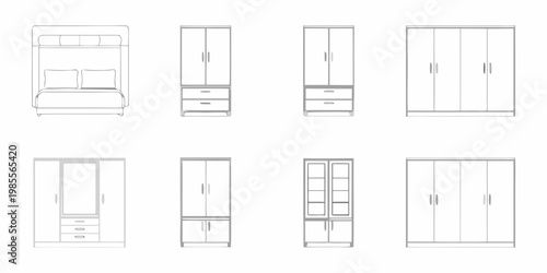 Line drawing of bedroom furniture including beds and various wardrobes