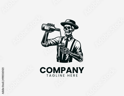 A skeleton bartender character is depicted pouring drink into glass playful cartoon vector illustration design