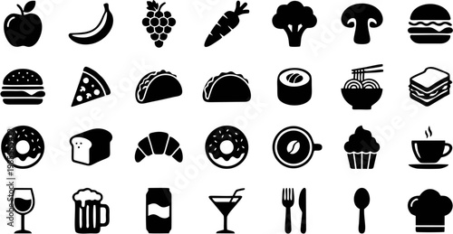 Collection of Food and Drink Icons Representing a Variety of Culinary Options and Refreshments