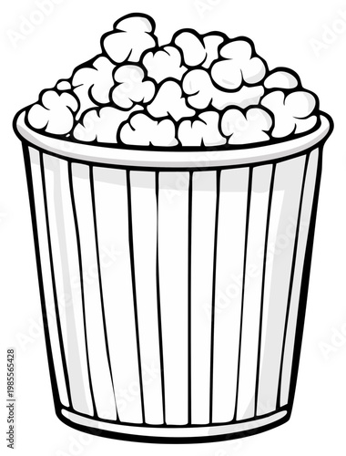 Cartoon illustration of a full striped popcorn bucket, black and white line art for snack time