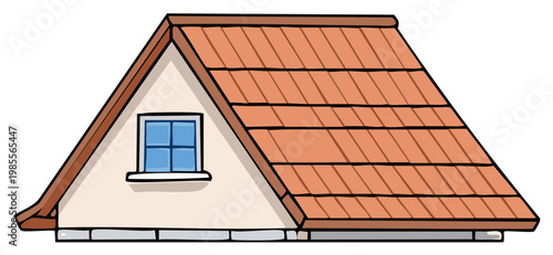 House attic with a red tiled roof and a window cartoon style vector illustration