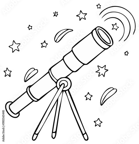 Telescope pointing to cosmos stars and signal waves doodle illustration