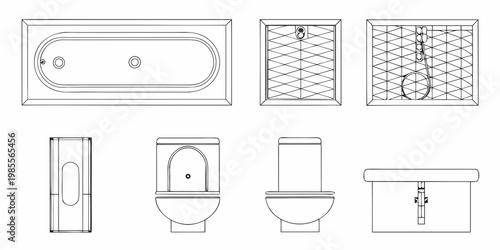 Architectural plan depicting bathroom fixtures in top and front views