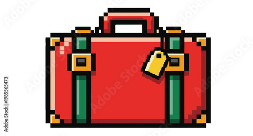 Pixel art red vintage suitcase with green straps and yellow luggage tag isolated on white background, 8-bit travel bag icon for gaming and graphic design