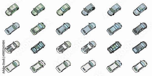 Overhead view of multiple miniature toy cars arranged on a white surface