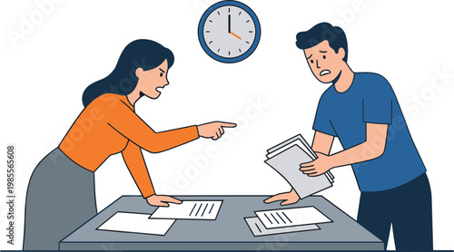 A woman argues with a man at a desk over papers.