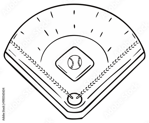 Simple black and white line art illustration of a baseball field with a ball on the mound