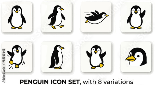 Penguin animal icon set featuring 8 variations including walking, sliding on ice, standing, waving, cute pose, happy expression, and penguin head icon. Flat vector illustration with clean lines 