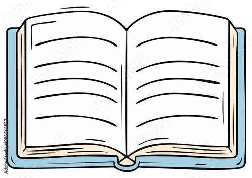 Open book with blank lined pages and light blue cover, simple cartoon illustration