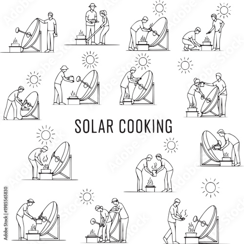 Step-by-step solar cooking process illustration with people using parabolic solar cookers outdoors