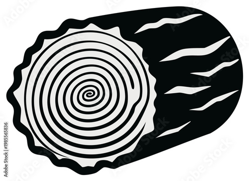 Black and white illustration of a cut tree trunk with rings, wood grain texture.
