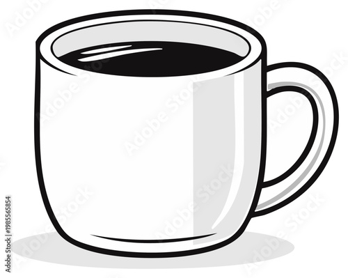 Simple white ceramic coffee mug filled with dark hot beverage, clean illustration with black outline