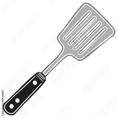 Kitchen utensil spatula with slotted design, black handle, line art