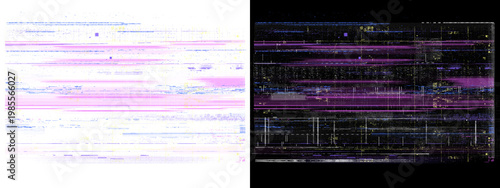 Abstract digital glitch art with purple and blue horizontal lines and noise on transparent or black background