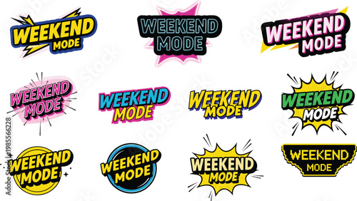 A collection of brightly colored weekend mode text graphics in various comic book style speech bubble designs is displayed high quality professional detailed