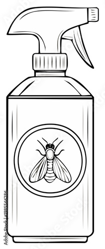 Line art illustration of a spray bottle with a fly symbol indicating pest control or insecticide product