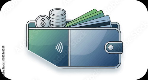 Stylish wallet illustration filled with money coins and credit cards showcasing modern finance and digital payment methods in a vector design