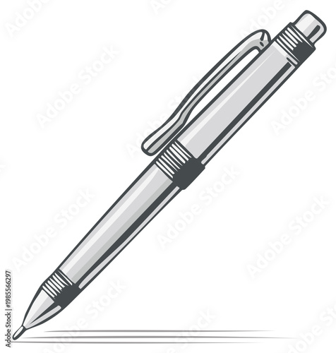 Illustration of a silver ballpoint pen, isolated on a white background