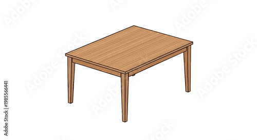 Isometric illustration of a wooden dining table with tapered legs; clean lines and a bright inviting feel for use in interior design layouts