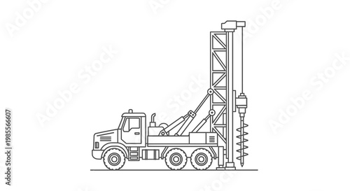Line art illustration of a drilling truck with auger on white background; construction machine vector outline for drilling operations