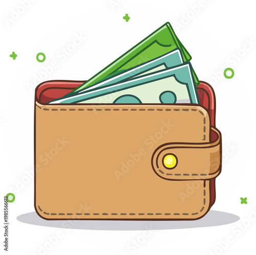 Illustration of a tan leather wallet with money sticking out top clearly showing green and blue bills