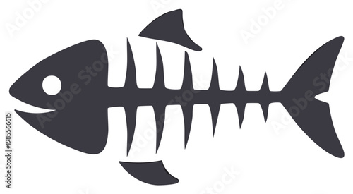 Minimalist illustration of a fish skeleton showing bones and fins in a simple graphic style