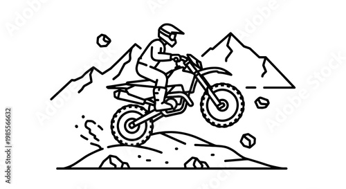 Line art illustration of a motocross rider performing a jump on a dirt bike against a mountain backdrop in black and white